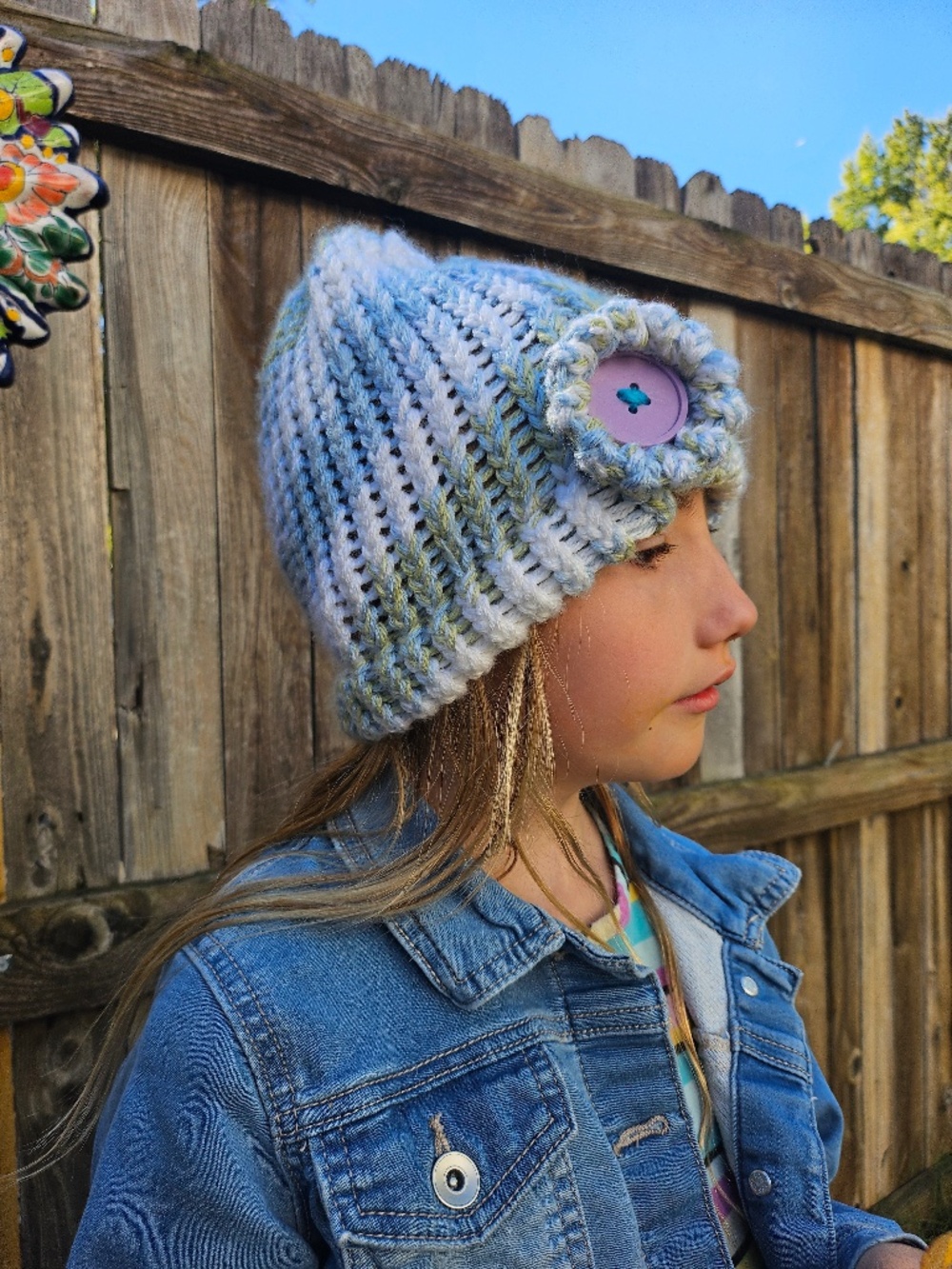 Handmade Blue & Green Knit Beanie Hat with Crochet Flower & Purple Button